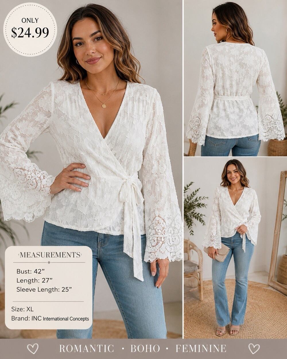 INC International Concepts XL White Lace Wrap Blouse Bell Sleeve Romantic Boho